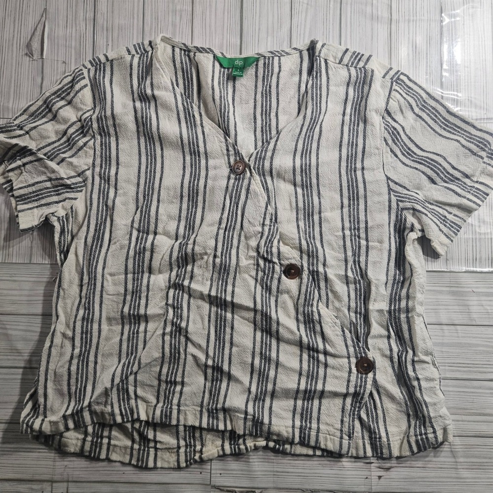 Dip Womens Blue White Striped Asymmetrical Button Front V-Neck Blouse Size L